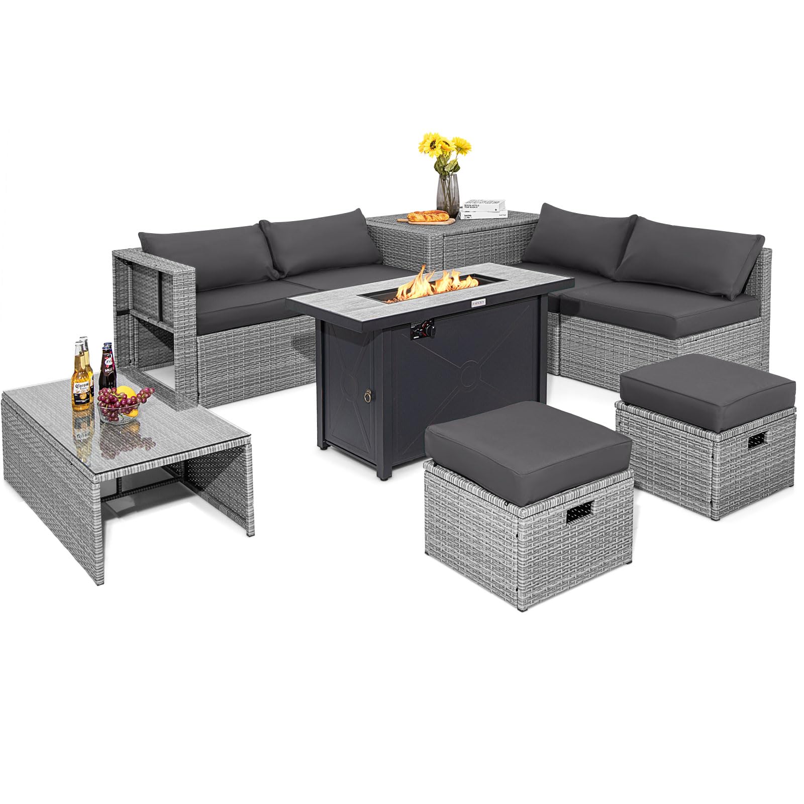 Tangkula 9 PCS Patio Furniture Set with 42” 60,000 BTU Fire Pit, Outdoor Space-Saving Sectional Sofa Set with Storage Box